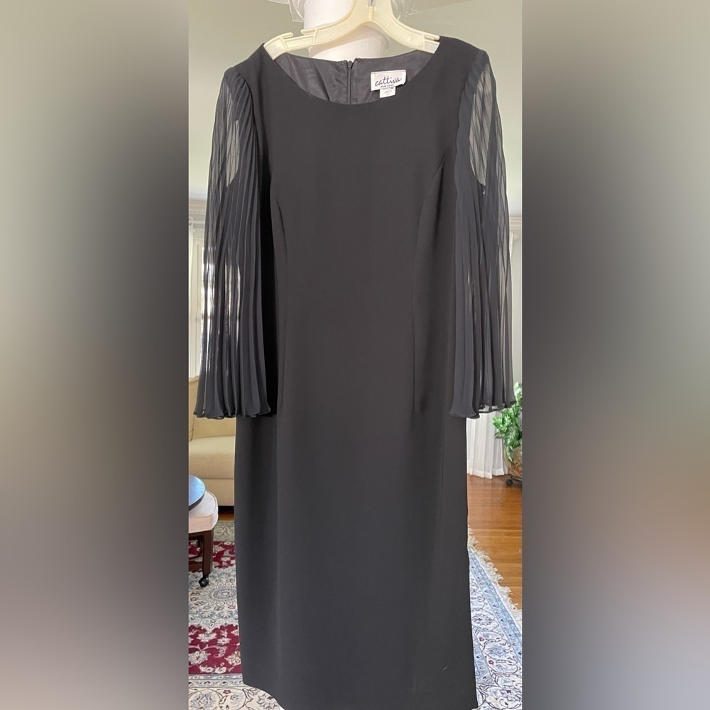 Cattiva women’s black crepe and chiffon Midi dress, pleated bath wing sleeve  12